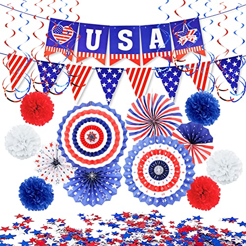 27 Pieces 4th of July Decorations Set, Red White Blue American Flag Hanging Honeycomb Paper Fans, Pom Poms, Swirls, Love USA Banner, Star Garland Patriotic Independence Day Outdoor Party Supplies