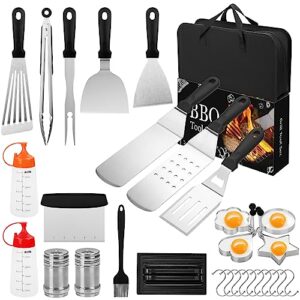 griddle accessories kit, 30pcs flat top grill accessories kit for blackstone and camp chef, stainless steel griddle grill tools with enlarged spatulas, scraper, tongs, carrying bag for outdoor bbq