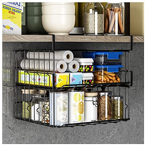 Under Shelf Basket Storage 2Pack - 11.8in Metal Under Cabinet Shelf, Hanging Wire Basket Shelves, Undershelf Storage Basket for Kitchen Pantry Bookshelf