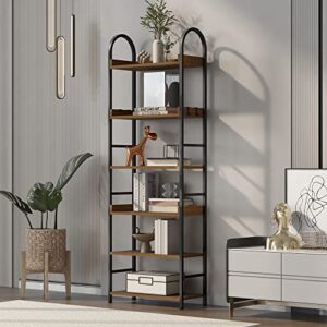 70.8 inch tall bookshelf with 6-tier shelves and round top frame for home office, mdf boards, adjustable foot pads,brown
