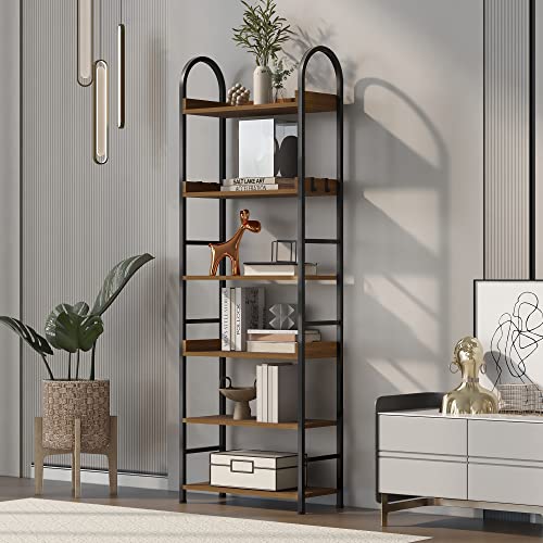 70.8 Inch Tall Bookshelf with 6-Tier Shelves and Round Top Frame for Home Office, MDF Boards, Adjustable Foot Pads,Brown