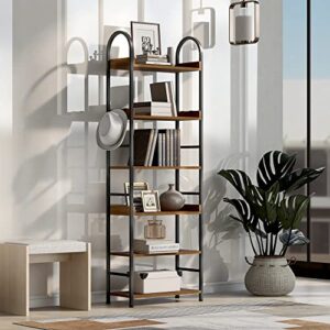 70.8 Inch Tall Bookshelf with 6-Tier Shelves and Round Top Frame for Home Office, MDF Boards, Adjustable Foot Pads,Brown