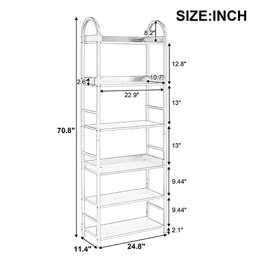 70.8 Inch Tall Bookshelf with 6-Tier Shelves and Round Top Frame for Home Office, MDF Boards, Adjustable Foot Pads,Brown