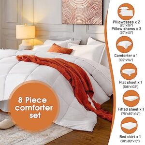 Ihanherry White King Comforter Set 8 Pieces, All Season Bed in a Bag, Comfortable King Bedding Sets with 1 Bed Skirt, 1 Fitted Sheet, 1 Flat Sheet, 1 Comforter, 2 Pillowcases, 2 Pillow Shams