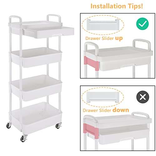 Dttwacoyh 4-Tier Rolling Cart，Trolley with Drawer, Kitchen Storage Organizer with Plastic Shelf & Metal Wheels, Storage Cart for Living Room, Kitchen, Office, Bathroom, White