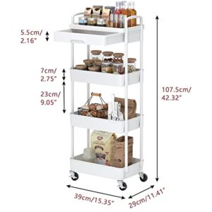 Dttwacoyh 4-Tier Rolling Cart，Trolley with Drawer, Kitchen Storage Organizer with Plastic Shelf & Metal Wheels, Storage Cart for Living Room, Kitchen, Office, Bathroom, White