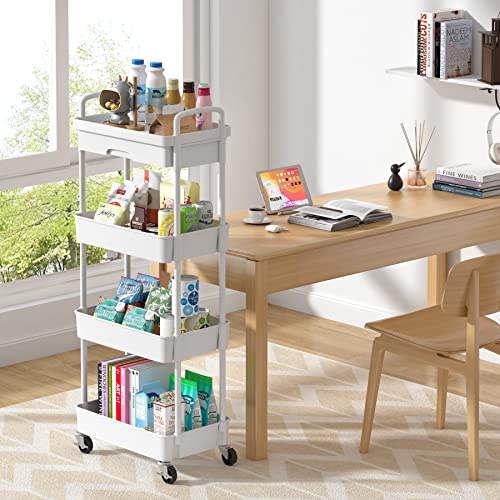 Dttwacoyh 4-Tier Rolling Cart，Trolley with Drawer, Kitchen Storage Organizer with Plastic Shelf & Metal Wheels, Storage Cart for Living Room, Kitchen, Office, Bathroom, White