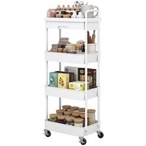 Dttwacoyh 4-Tier Rolling Cart，Trolley with Drawer, Kitchen Storage Organizer with Plastic Shelf & Metal Wheels, Storage Cart for Living Room, Kitchen, Office, Bathroom, White