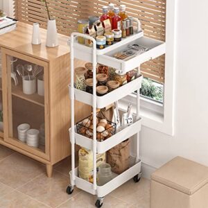 Dttwacoyh 4-Tier Rolling Cart，Trolley with Drawer, Kitchen Storage Organizer with Plastic Shelf & Metal Wheels, Storage Cart for Living Room, Kitchen, Office, Bathroom, White