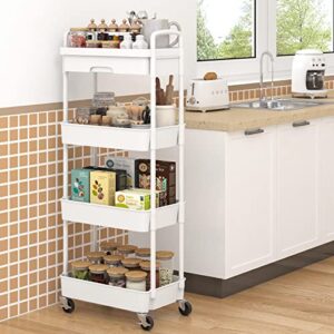 Dttwacoyh 4-Tier Rolling Cart，Trolley with Drawer, Kitchen Storage Organizer with Plastic Shelf & Metal Wheels, Storage Cart for Living Room, Kitchen, Office, Bathroom, White