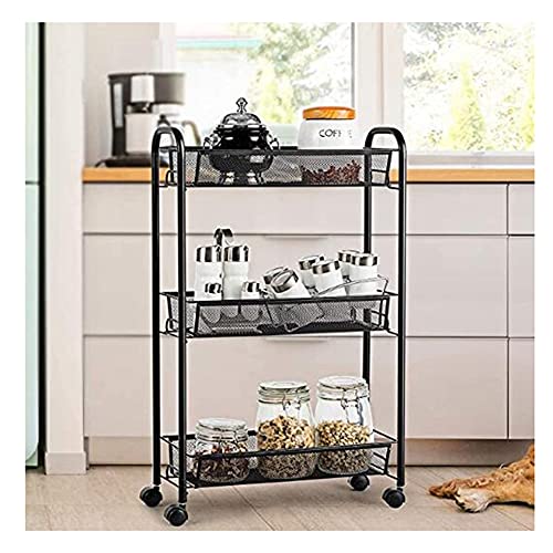 ATAAY Storage Racks and Durable Metal Mesh Rolling Storage Carts with Practical Handle Wheels, Easy-to-Operate Kitchen and Bathroom/Black