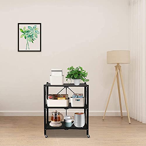 ATAAY Foldable Storage Shelves with Wheels,Metal Storage Shelving Units, Heavy Duty Collapsible Kitchen Shelves Bookshelf,Small Rack with Wheels/White