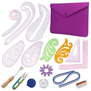french curve ruler for pattern making set,65 pcs sewing curve ruler kit with felt bag, 2 cloud ruler,7 sewing ruler,sewing clips,tracing wheel,curved ruler and color positioning needle for sewing