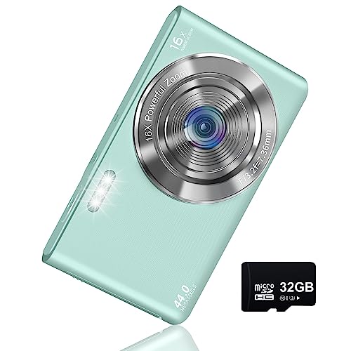 Digital Camera 4K 44MP with 32GB SD Card, 2.4 Inch Point and Shoot Camera with 16X Digital Zoom, Compact Mini Camera Kids Camera for Teens Boys Girls Adults Students Seniors(DC6-X3 Green1)