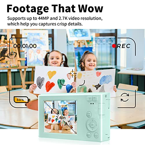 Digital Camera 4K 44MP with 32GB SD Card, 2.4 Inch Point and Shoot Camera with 16X Digital Zoom, Compact Mini Camera Kids Camera for Teens Boys Girls Adults Students Seniors(DC6-X3 Green1)