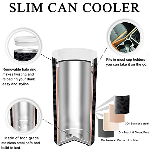 12 oz Slim Can Cooler Stainless Steel Skinny Can Cooler Insulated Beer Can Cooler for Hard Seltzers Unique Leopard Print Tumbler Gifts for Women and Men