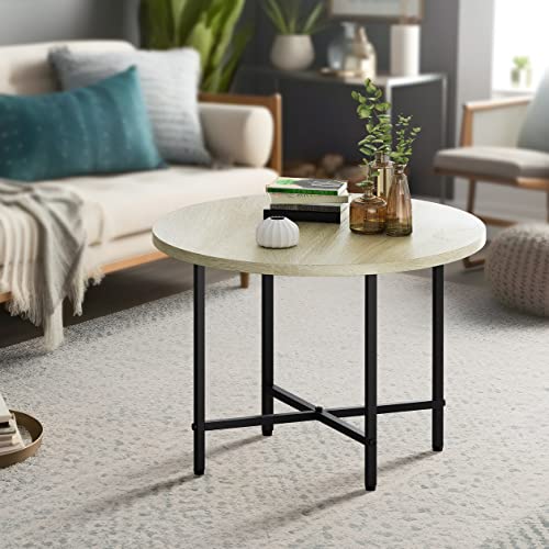 Round Coffee Table, Modern Small Coffee Table Sofa Table Tea Table for Living Room, Office Desk, Balcony, Easy to Install,Wood Desktop and Metal Legs (Nature Oak)