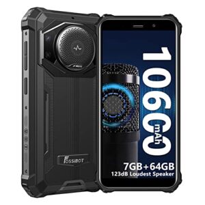 fossibot rugged smartphone, 10600mah battery, android 12 7+64gb rugged phone, 24mp rear camera, 5.45" hd+ compactness cell phone, 3.5w loud speaker, ip68 waterproof unlocked phone, dual sim 4g, otg