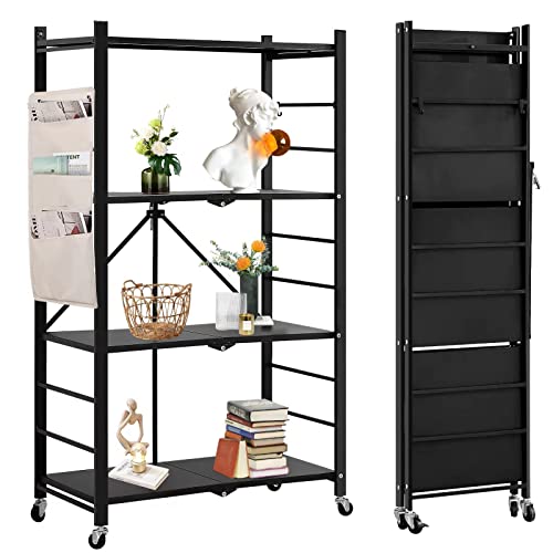 Foldable 4-Tier Heavy Duty Metal Storage Rack with Wheels, Organizer Shelves for Garage Kitchen, Easy Assembly, Freestanding Wire Shelf Rack for Pantry, Basement, and Closet Organization, Black