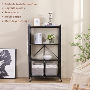 Foldable 4-Tier Heavy Duty Metal Storage Rack with Wheels, Organizer Shelves for Garage Kitchen, Easy Assembly, Freestanding Wire Shelf Rack for Pantry, Basement, and Closet Organization, Black