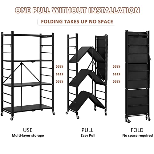 Foldable 4-Tier Heavy Duty Metal Storage Rack with Wheels, Organizer Shelves for Garage Kitchen, Easy Assembly, Freestanding Wire Shelf Rack for Pantry, Basement, and Closet Organization, Black