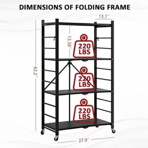 Foldable 4-Tier Heavy Duty Metal Storage Rack with Wheels, Organizer Shelves for Garage Kitchen, Easy Assembly, Freestanding Wire Shelf Rack for Pantry, Basement, and Closet Organization, Black