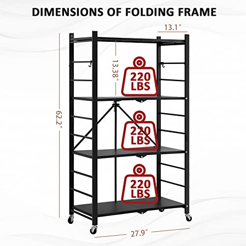 Foldable 4-Tier Heavy Duty Metal Storage Rack with Wheels, Organizer Shelves for Garage Kitchen, Easy Assembly, Freestanding Wire Shelf Rack for Pantry, Basement, and Closet Organization, Black