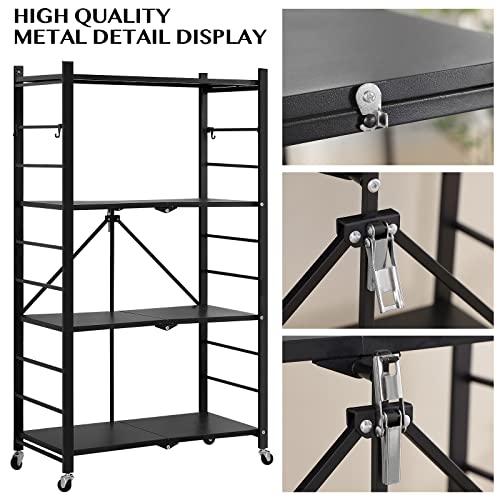 Foldable 4-Tier Heavy Duty Metal Storage Rack with Wheels, Organizer Shelves for Garage Kitchen, Easy Assembly, Freestanding Wire Shelf Rack for Pantry, Basement, and Closet Organization, Black