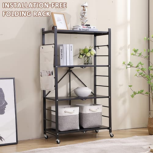 Foldable 4-Tier Heavy Duty Metal Storage Rack with Wheels, Organizer Shelves for Garage Kitchen, Easy Assembly, Freestanding Wire Shelf Rack for Pantry, Basement, and Closet Organization, Black