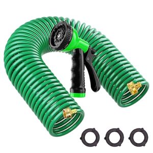 coil hose 25ft,eva recoil garden hose brass connector,coiled water hose lightweight and no kink includes 10 patterns spray nozzle for outdoors lawn watering,car washing green