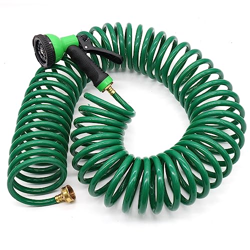 Coil Hose 25ft,EVA Recoil Garden Hose Brass Connector,Coiled Water Hose Lightweight and No Kink Includes 10 Patterns Spray Nozzle for Outdoors Lawn Watering,Car Washing Green