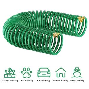 Coil Hose 25ft,EVA Recoil Garden Hose Brass Connector,Coiled Water Hose Lightweight and No Kink Includes 10 Patterns Spray Nozzle for Outdoors Lawn Watering,Car Washing Green