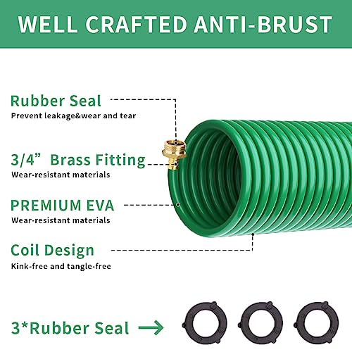 Coil Hose 25ft,EVA Recoil Garden Hose Brass Connector,Coiled Water Hose Lightweight and No Kink Includes 10 Patterns Spray Nozzle for Outdoors Lawn Watering,Car Washing Green