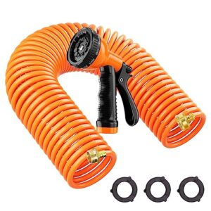 besiter coil hose 25ft,eva recoil garden hose brass connector,coiled water hose lightweight and no kink includes 10 patterns spray nozzle for outdoors lawn watering,car washing orange