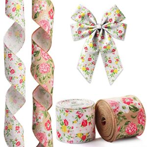 hying 2 rolls spring flower ribbons wired for wreath bows wrapping gifts, floral rose ribbon for gift wrapping birthday party decoration crafts, 2.5" x 10 yards vintage white flower wired edge ribbon