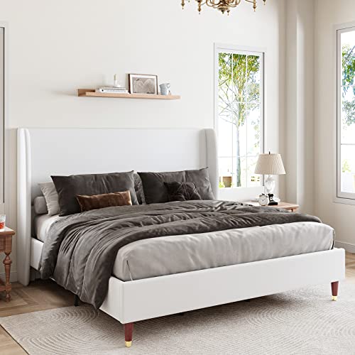 Jocisland King Size Bed Frame 51.2" High Linen Upholstered Platform Bed with Wingback Headboard/No Box Spring Needed/Easy Assembly/White