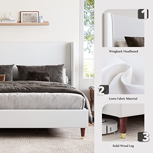 Jocisland King Size Bed Frame 51.2" High Linen Upholstered Platform Bed with Wingback Headboard/No Box Spring Needed/Easy Assembly/White