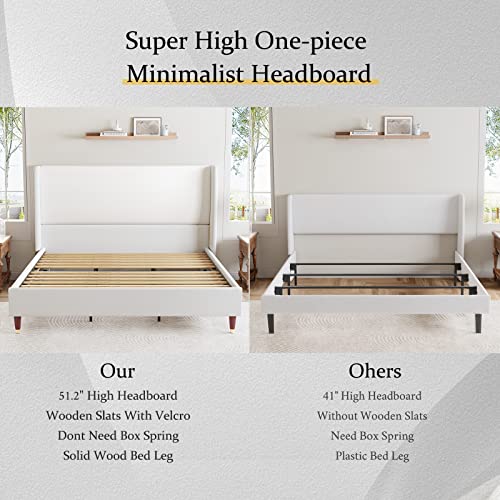 Jocisland King Size Bed Frame 51.2" High Linen Upholstered Platform Bed with Wingback Headboard/No Box Spring Needed/Easy Assembly/White