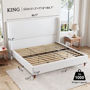 Jocisland King Size Bed Frame 51.2" High Linen Upholstered Platform Bed with Wingback Headboard/No Box Spring Needed/Easy Assembly/White