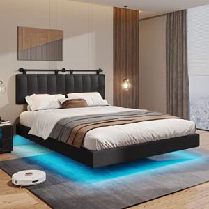 hasuit queen floating bed frame with led light, modern inspired queen size bed platform, vegan leather upholstered wall mounted headboard, no box spring needed, noise free, easy assembly