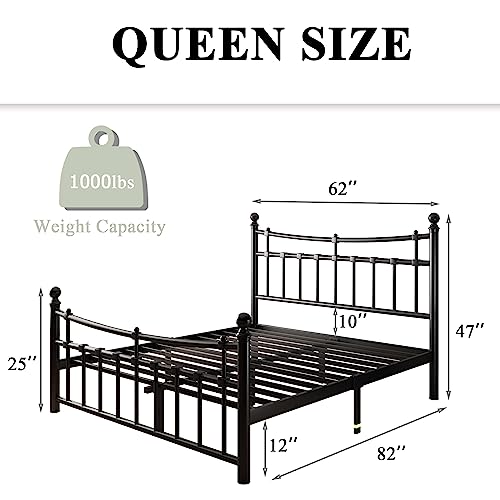 iPormis Metal Queen Bed Frame with Iron-Art Headboard, Heavy Duty Metal Platform Bed Frame with 14 Steel Slats Support, No Box Spring Needed, Noise-Free, Easy Assembly, Queen