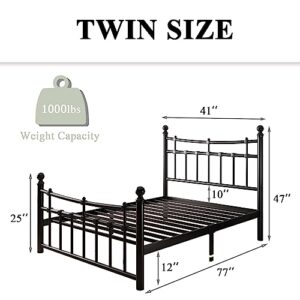 iPormis Metal Twin Bed Frame with Iron-Art Headboard, Heavy Duty Metal Platform Bed Frame with 14 Steel Slats Support, No Box Spring Needed, Noise-Free, Easy Assembly, Twin