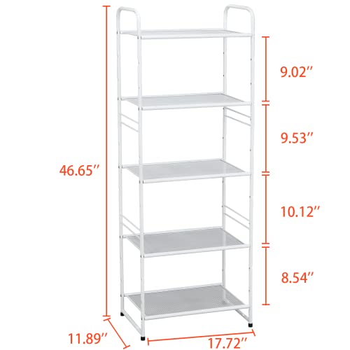 GEORIS 5-Tier Storage Rack with Shelf Heavy Duty Wire Shelving Unit Storage Rack, Stackable Extendable Plant Stand Bathroom Organizer with Adjustable Shelf, Water Bottle Storage Holder, White