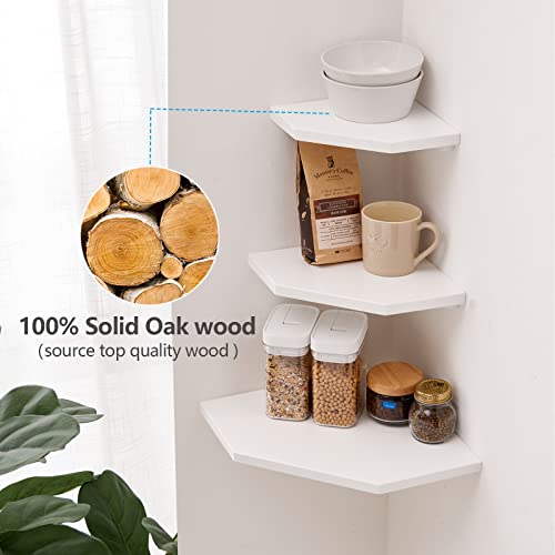 Corner Shelf, Solid Oak Wood White Floating Corner Shelf Wall Mount Organizer with Wire Hole Small Plant Display for Kitchen Living Room Bedroom