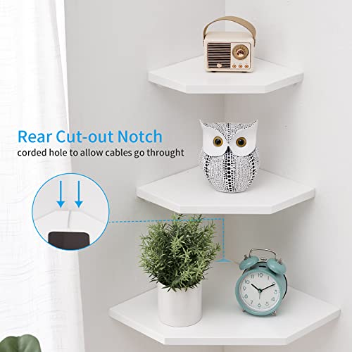 Corner Shelf, Solid Oak Wood White Floating Corner Shelf Wall Mount Organizer with Wire Hole Small Plant Display for Kitchen Living Room Bedroom