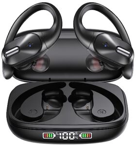 bluetooth headphones wireless earbuds bass stereo sound with wireless charging case 48h playback earphones led display with built in mic and over earhooks waterproof headset for running workout sports