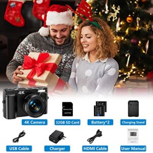 4K Digital Camera for Photography and Video Autofocus 48MP Vlogging Camera for YouTube Compact Camera 16X Digital Zoom with Flash 180 Degree 3.0 inch Flip Screen, 32G SD Card, 2 Batteries & Charger