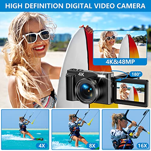 4K Digital Camera for Photography and Video Autofocus 48MP Vlogging Camera for YouTube Compact Camera 16X Digital Zoom with Flash 180 Degree 3.0 inch Flip Screen, 32G SD Card, 2 Batteries & Charger