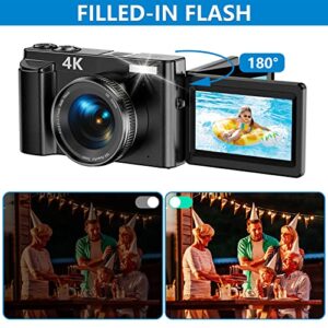 4K Digital Camera for Photography and Video Autofocus 48MP Vlogging Camera for YouTube Compact Camera 16X Digital Zoom with Flash 180 Degree 3.0 inch Flip Screen, 32G SD Card, 2 Batteries & Charger