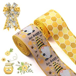 alibbon 2 rolls 2.5" × 5 yd bumble bee gnome wired edge ribbon honeycomb burlap ribbons spring honeycomb ribbon yellow ribbon for wreaths diy crafting gift wrapping party decoration